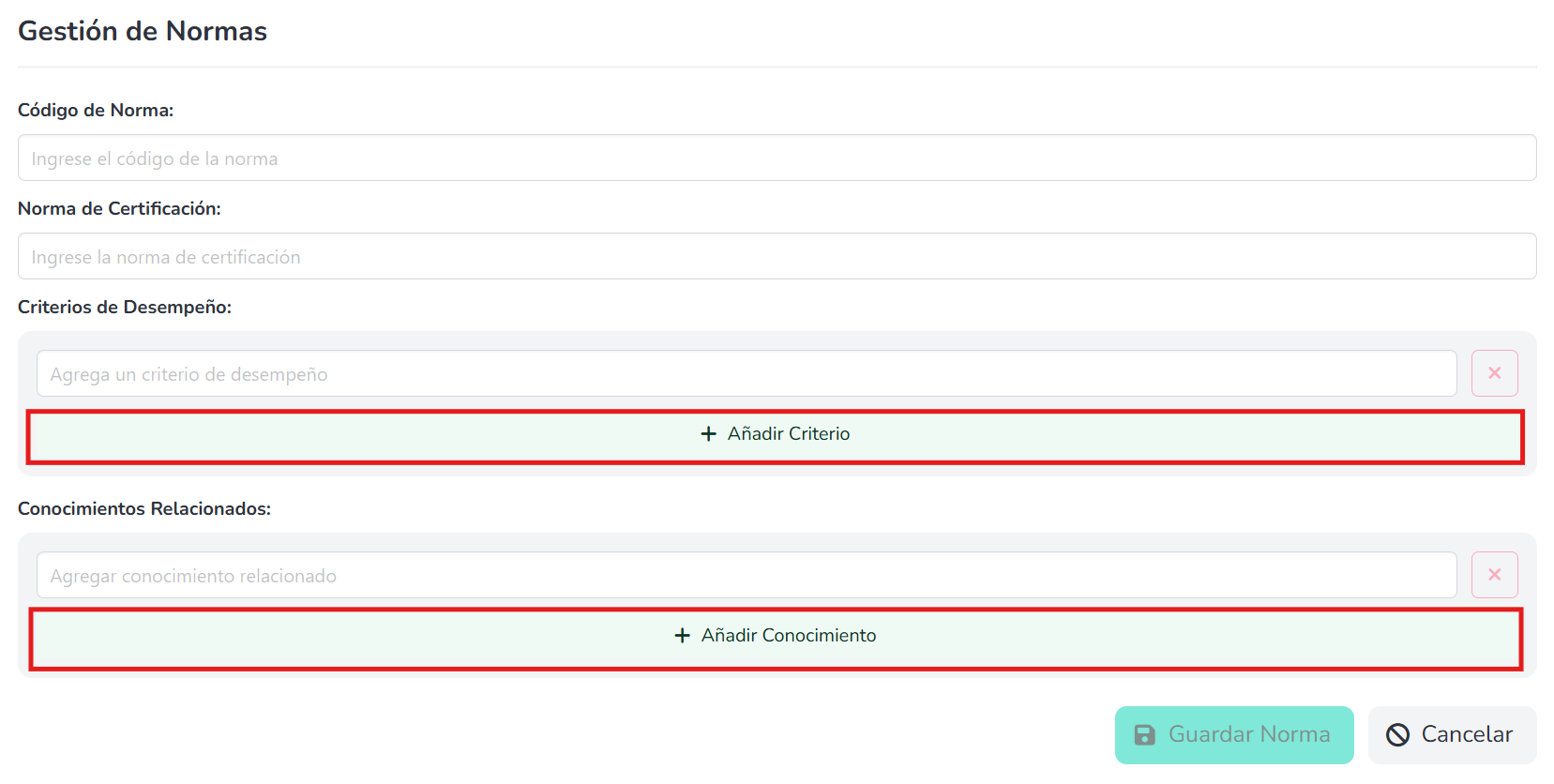 Botones para añadir y eliminar criterios y conocimientos
