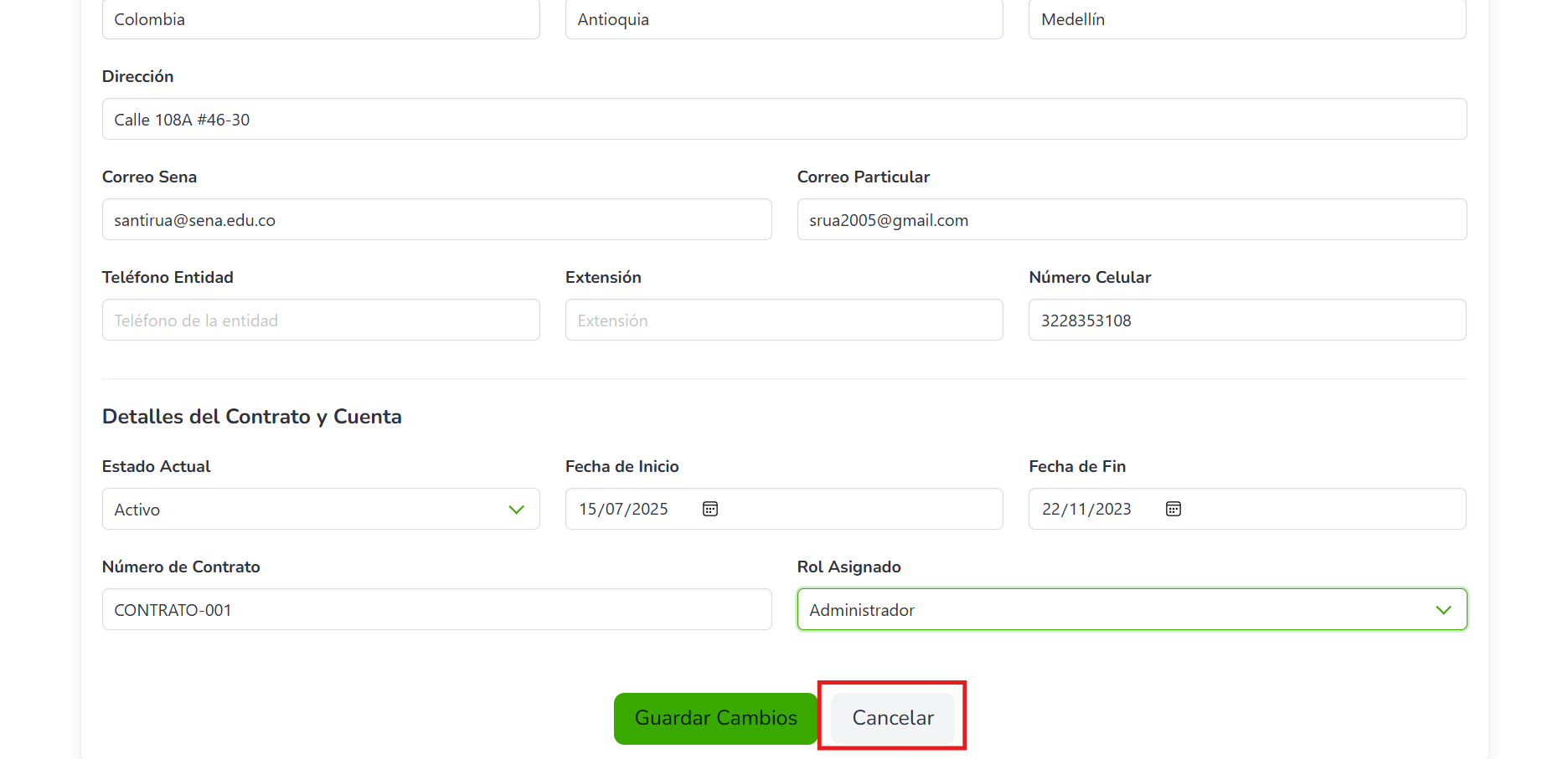 Botón para cancelar la edición de un usuario
