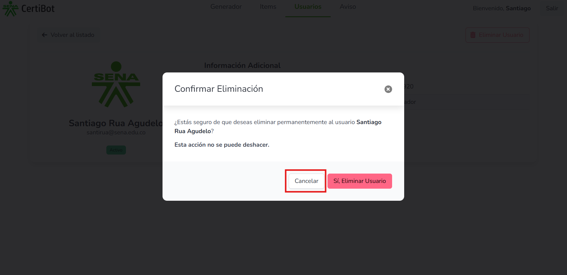 Botón para volver al listado de usuarios