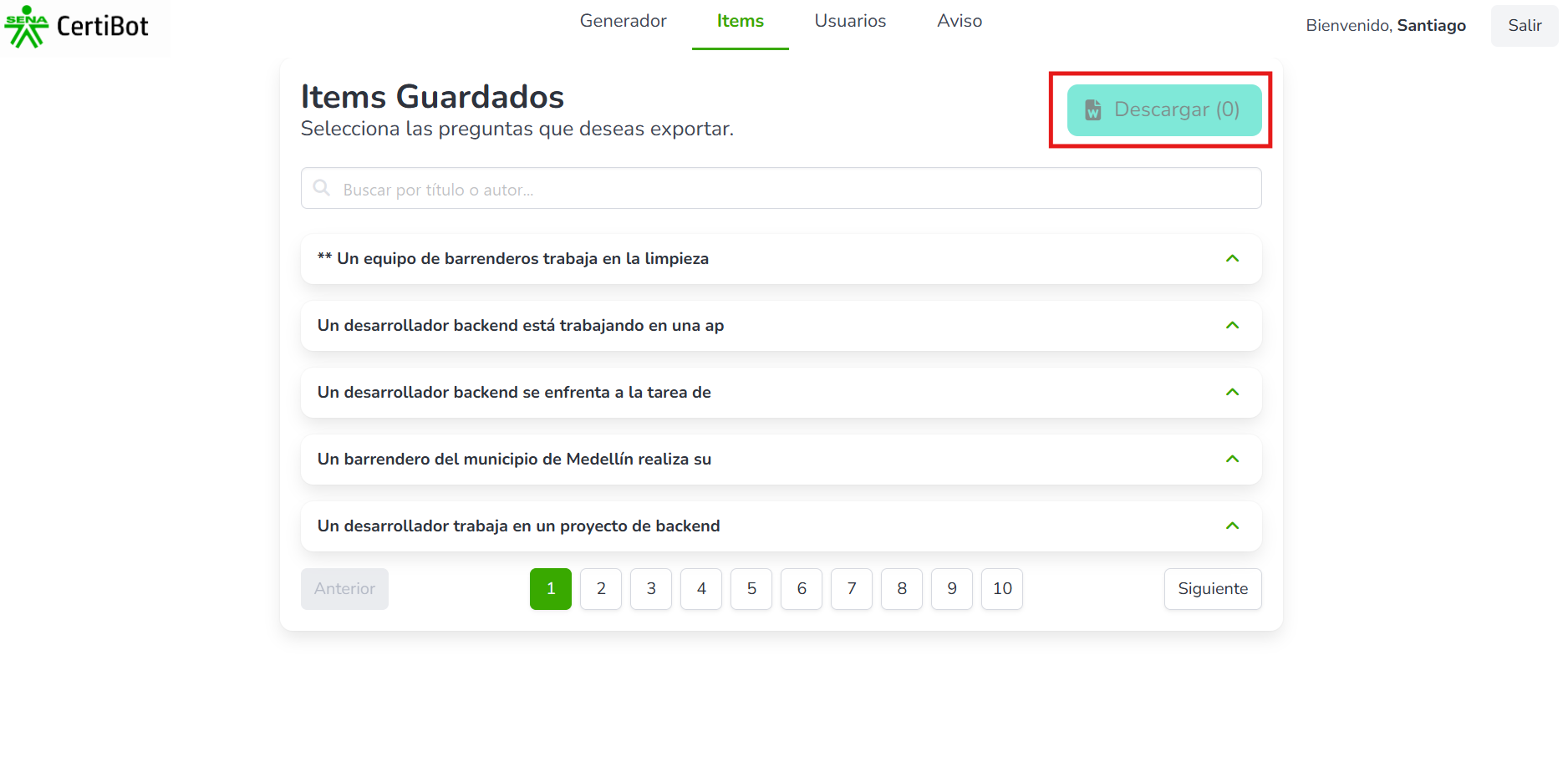 Botón para descargar ítems seleccionados