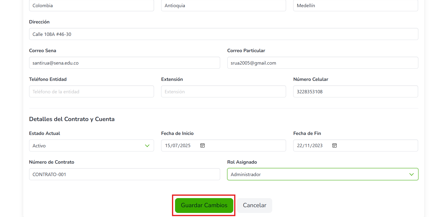 Botón para guardar cambios de un usuario