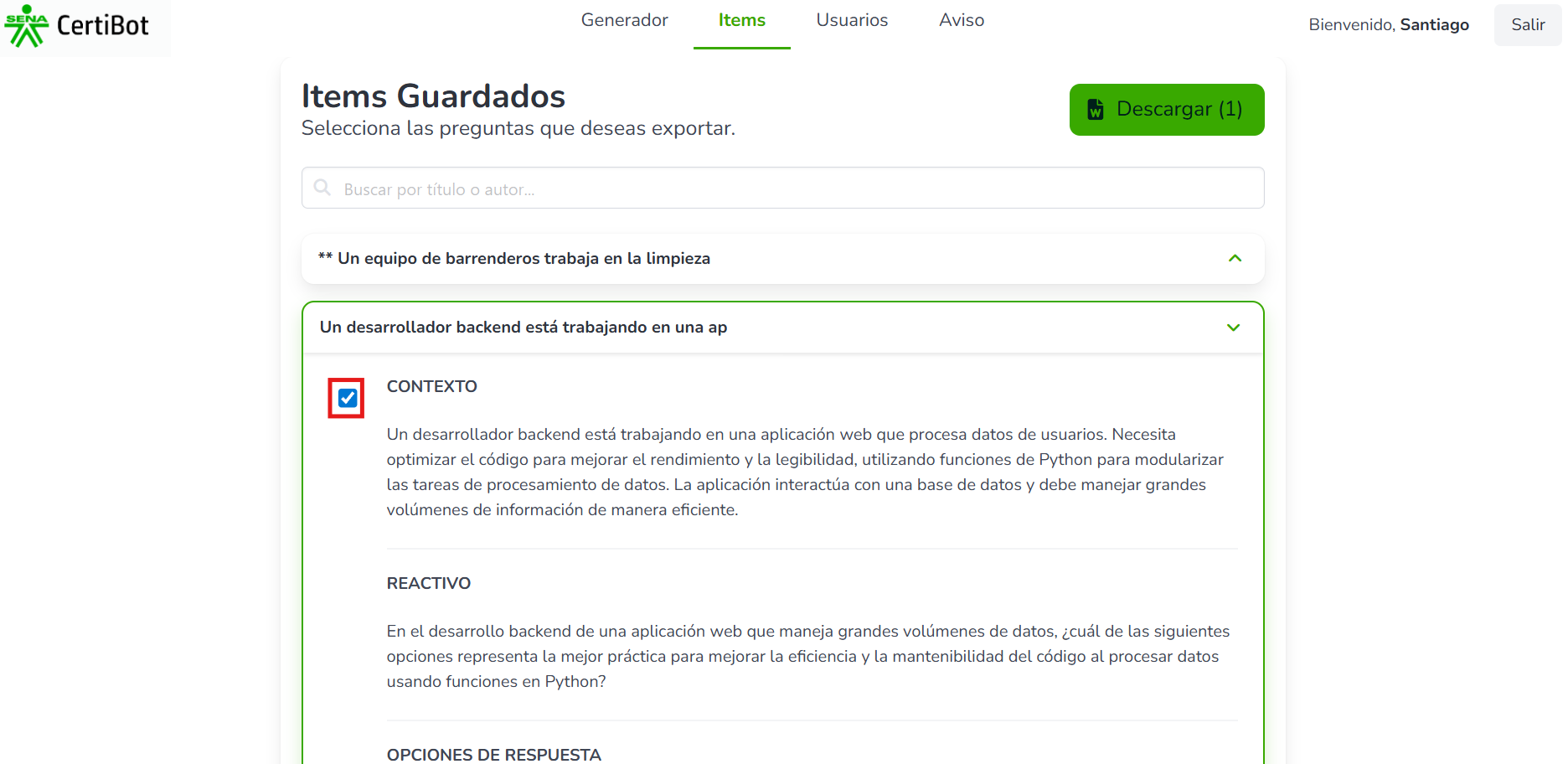 Checkbox para seleccionar un ítem
