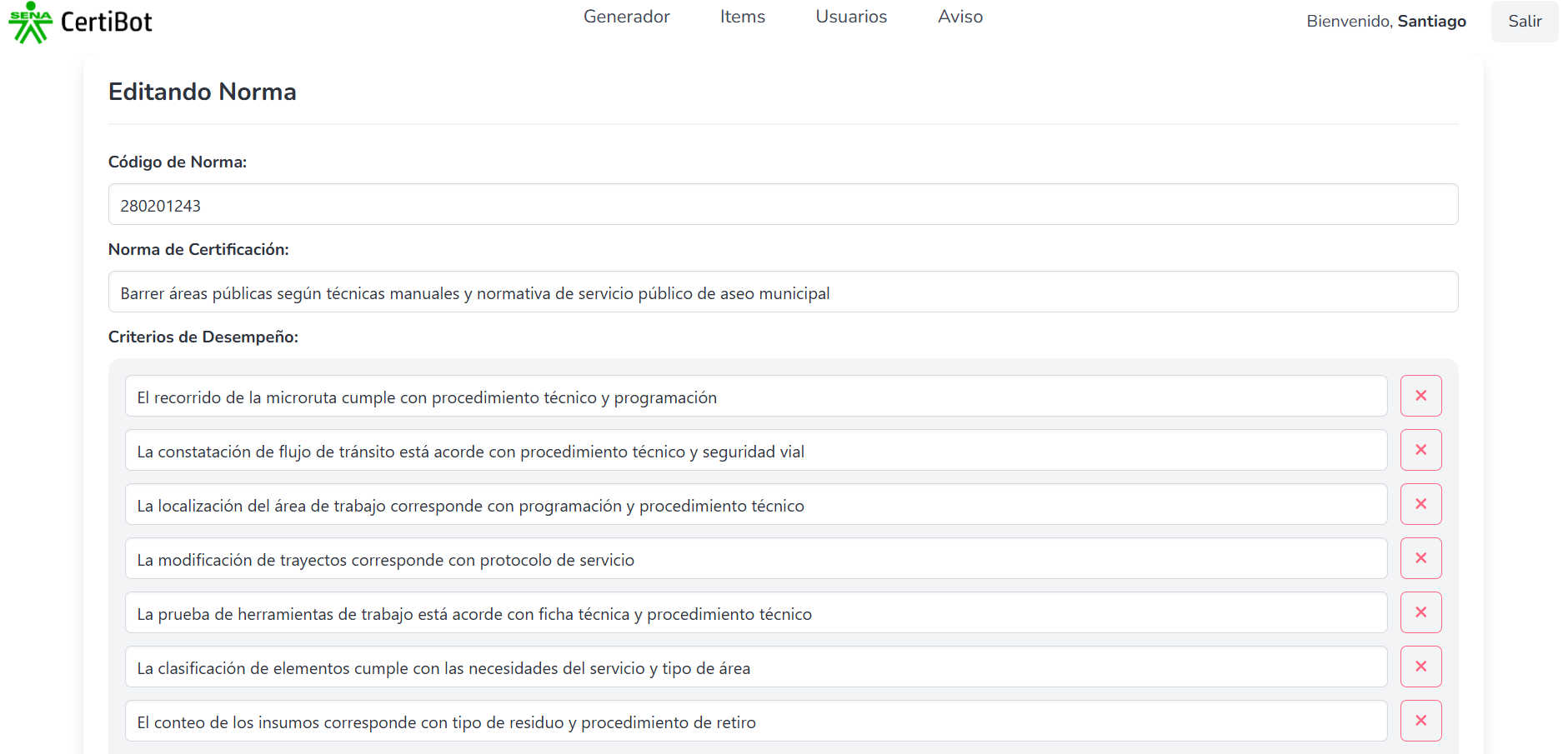 Formulario para editar una norma existente
