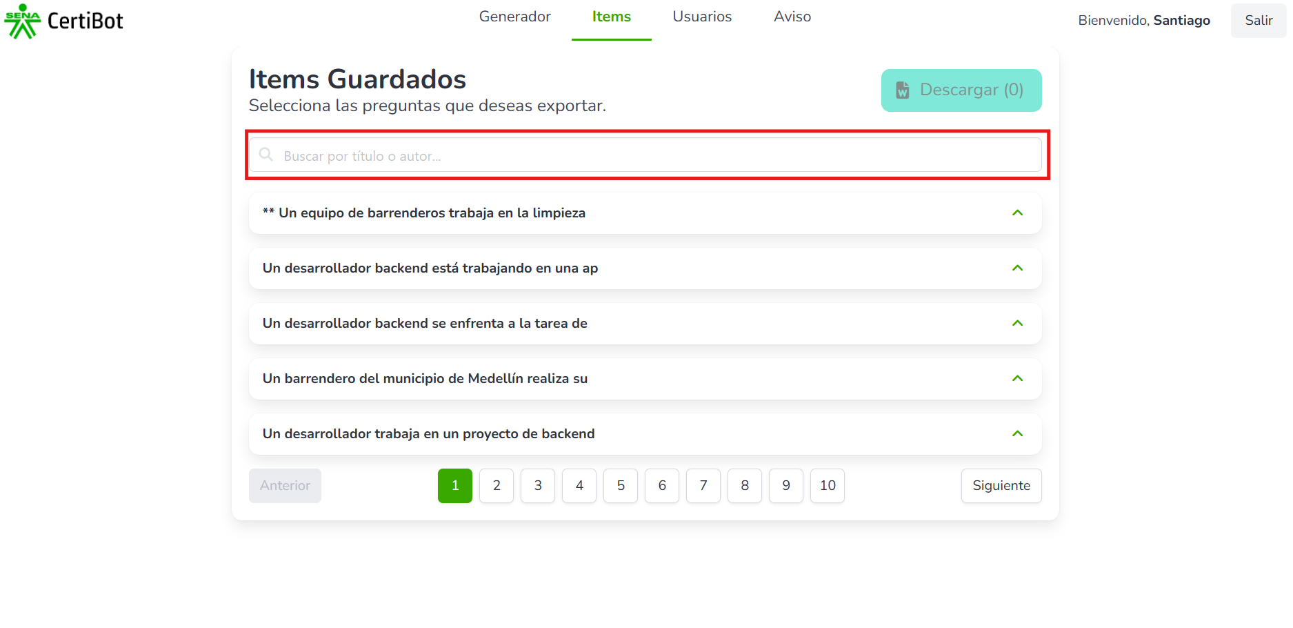 Barra de búsqueda en el módulo de ítems
