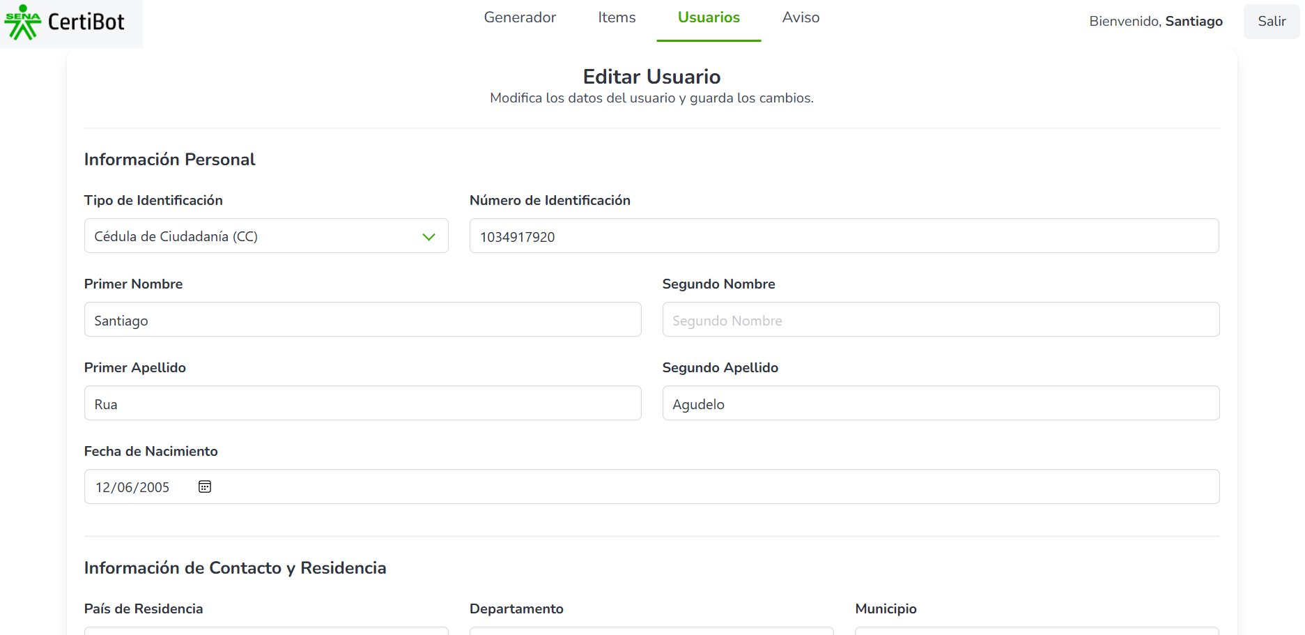 Formulario para editar un usuario existente