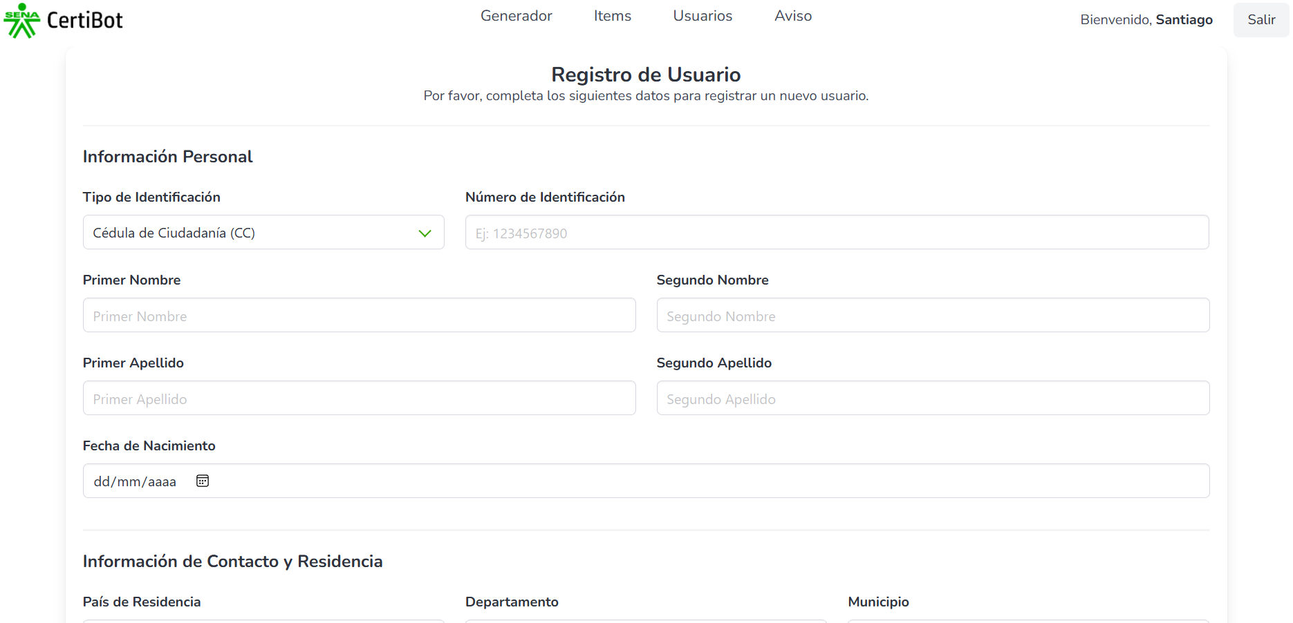 Formulario para crear un nuevo usuario