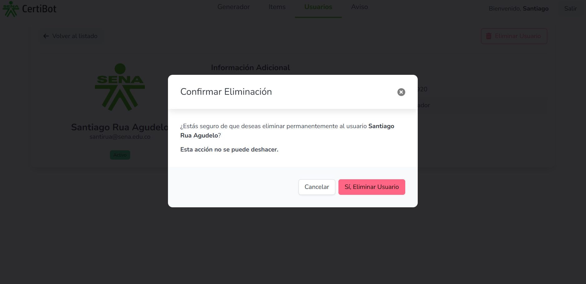 Modal de confirmación para eliminar usuario